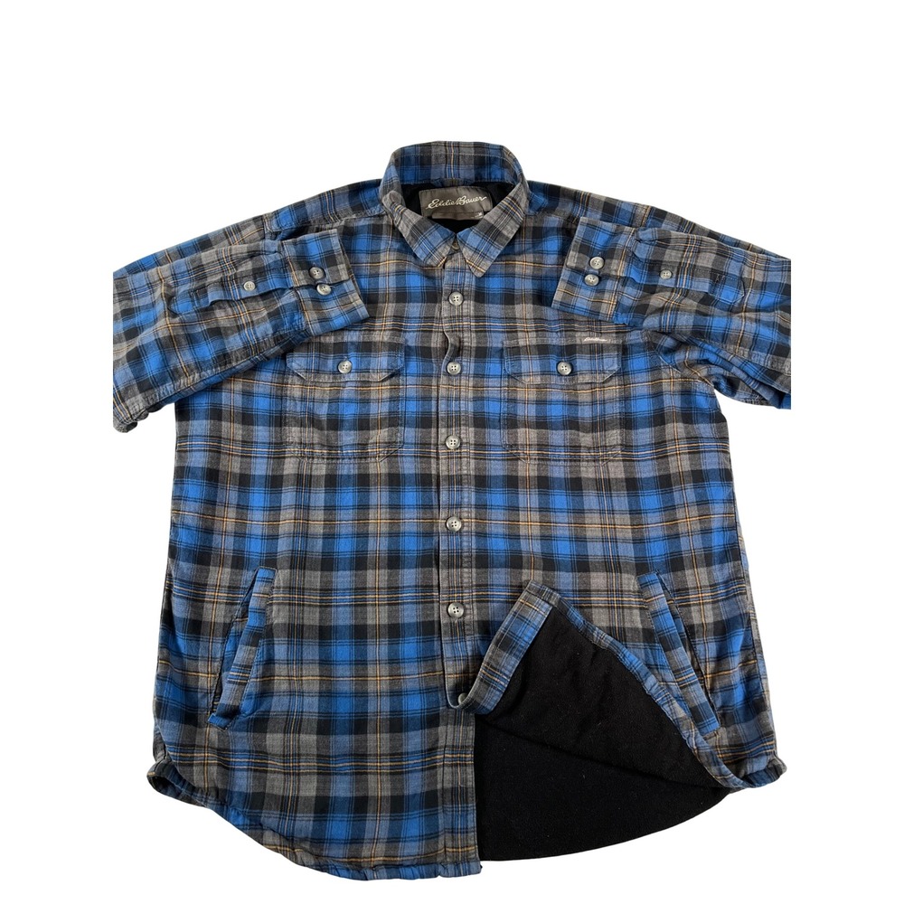 Eddie Bauer Blue Plaid Fleece Lined Flannel Shacket Work Pockets Men's Med Warm